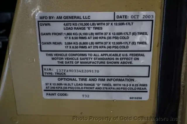 2004 Hummer H1 4-Passenger Open Top Hard Doors